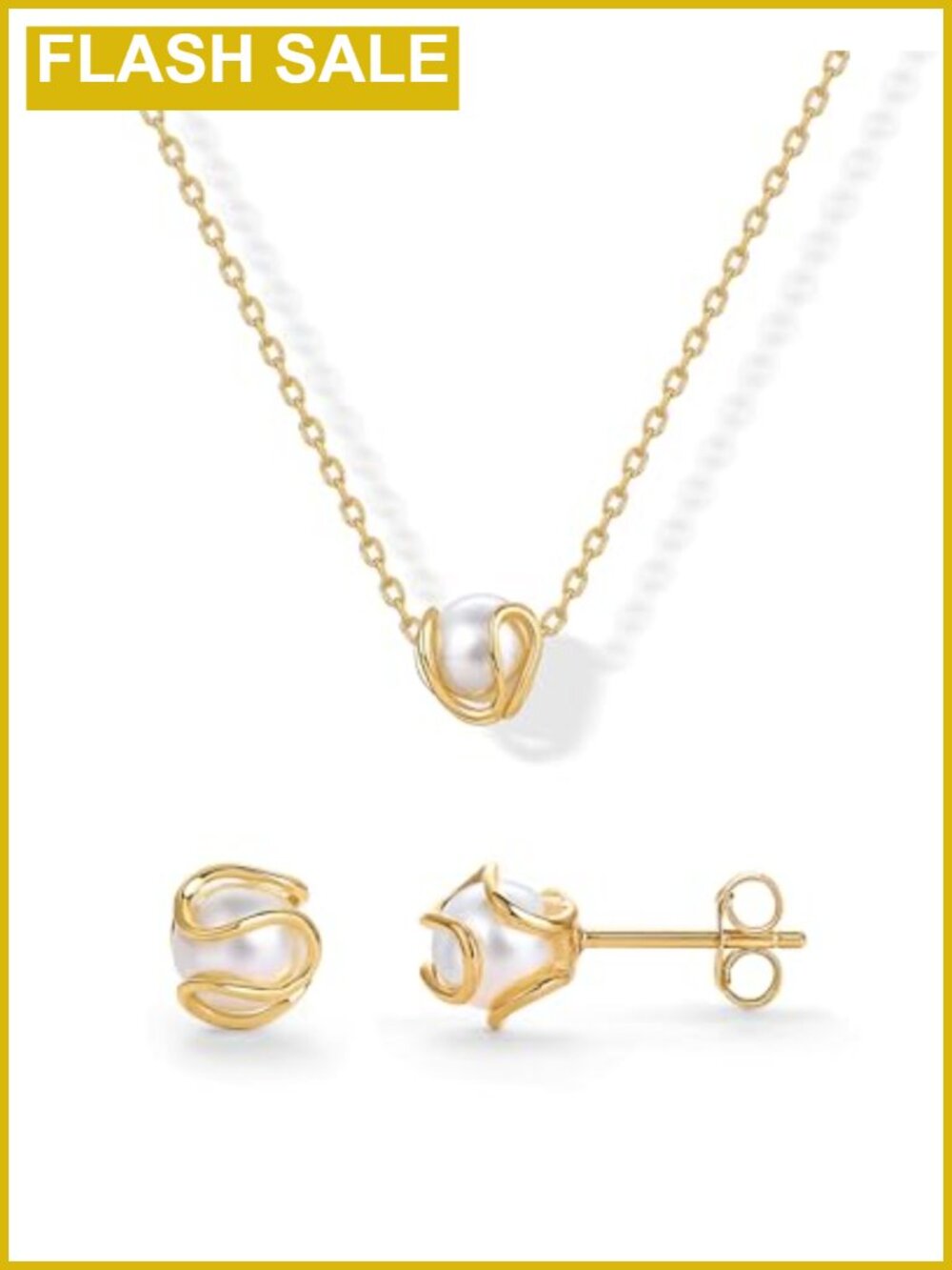 14K Gold Plated Caged Pearl Jewelry Set for Women, Necklace & Earrings,